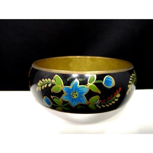 Vintage Wide Brass Hand Painted Flower Bracelet, Gold Accents, 1970s, 8 Inches - Picture 8 of 10